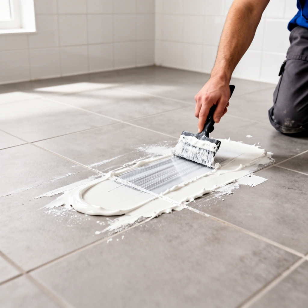 Preparing the area and identifying the floor type before removing adhesive from bathroom floors.