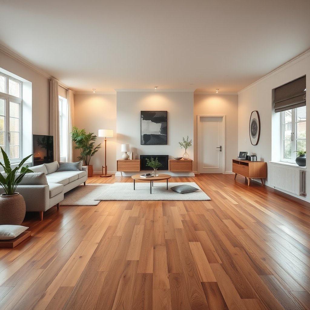 Image showing a living room being prepped for hardwood floor removal, with protective covering on the subfloor.