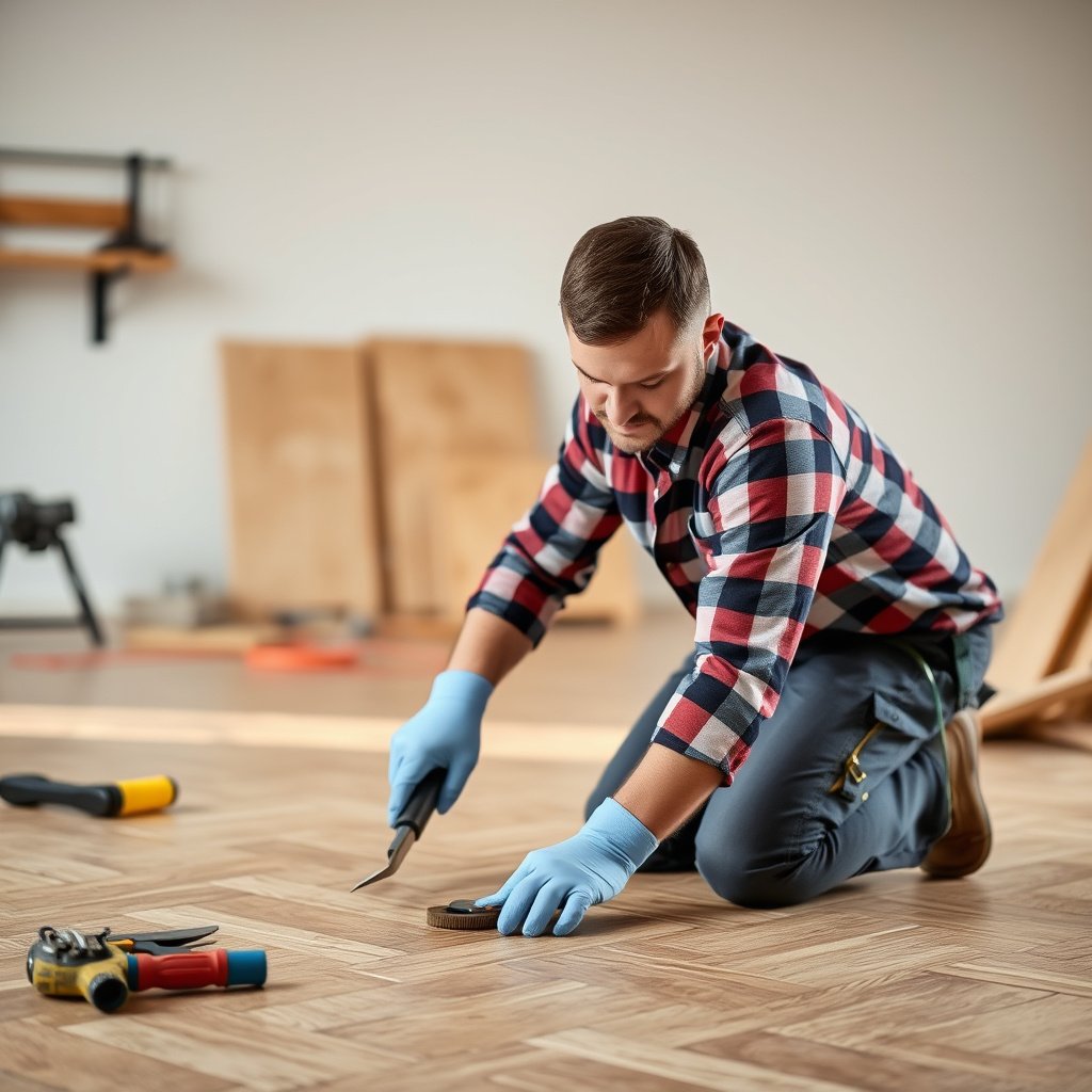 A person prepping a room and wearing protective gear for herringbone floor removal.