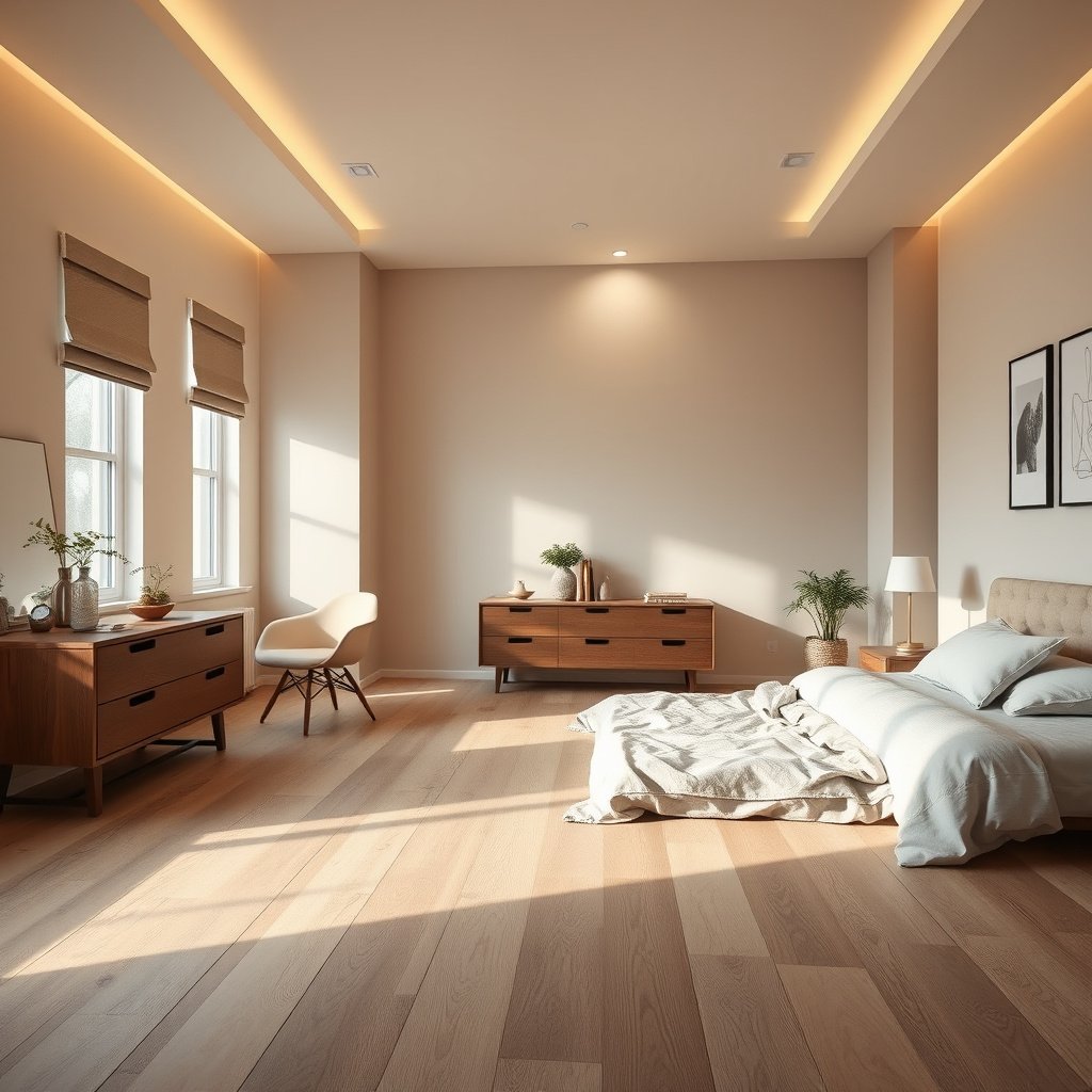 Room preparation for installing laminate floors, showing gathered supplies and cleared space.