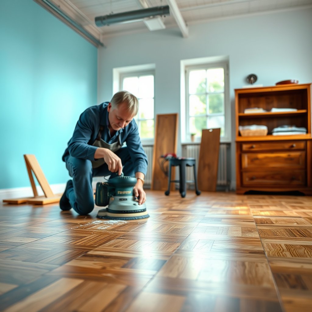 A room being prepared for parquet floor restoration, with furniture covered and protective materials laid out.