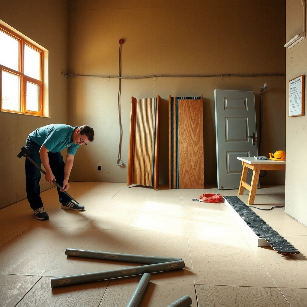 Room preparation for cutting travertine floors, showing tools and travertine type confirmation.