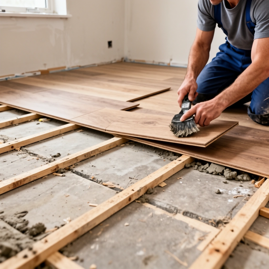 A clean and leveled subfloor ready for bathroom kitchen floor installation.