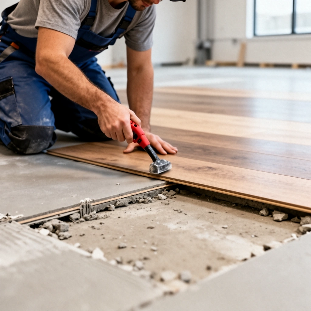 A contractor ensuring the subfloor is level and clean for installing commercial floors.