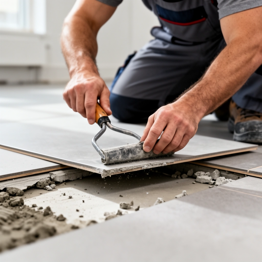 Properly prepared subfloor for commercial bathroom flooring installation.