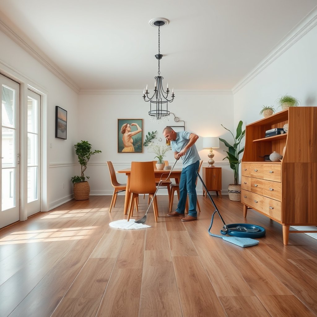 Removing grit and debris from laminate floors in a dining room before cleaning