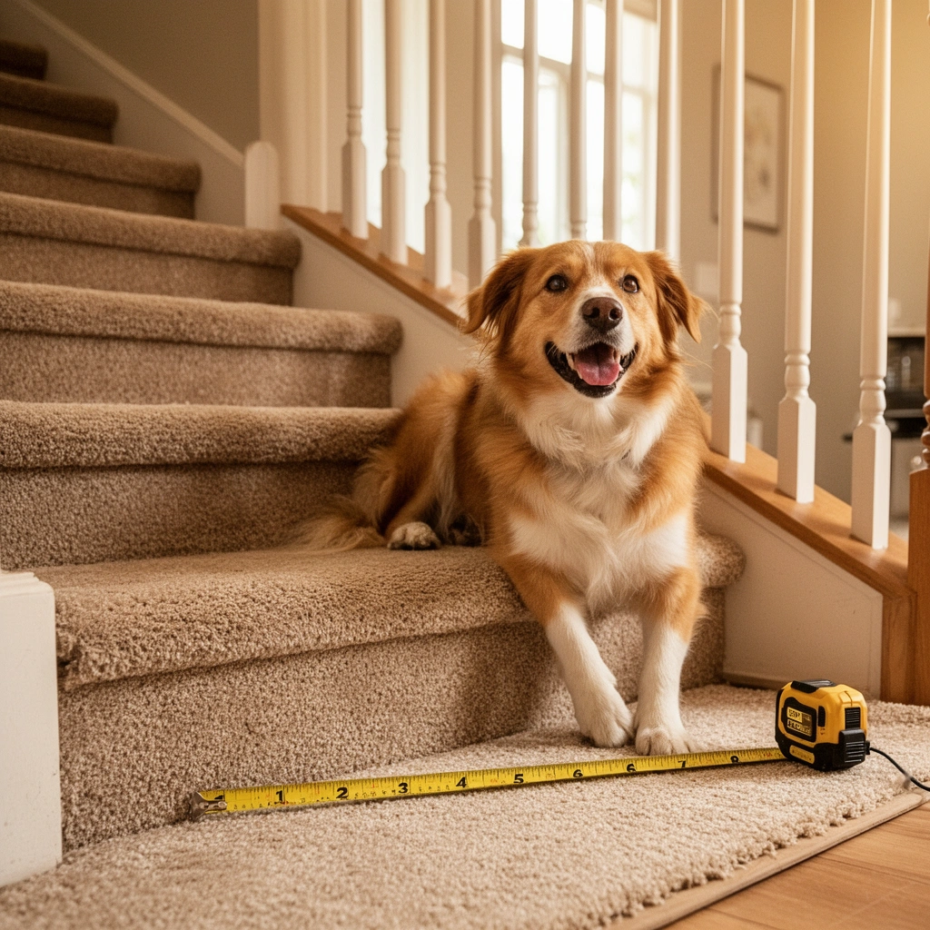 Measuring stair runs and checking subfloor for carpet installation around stairs.