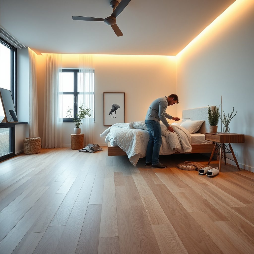 Gathered tools and materials for installing parquet floors in a bedroom, including saws and adhesive.
