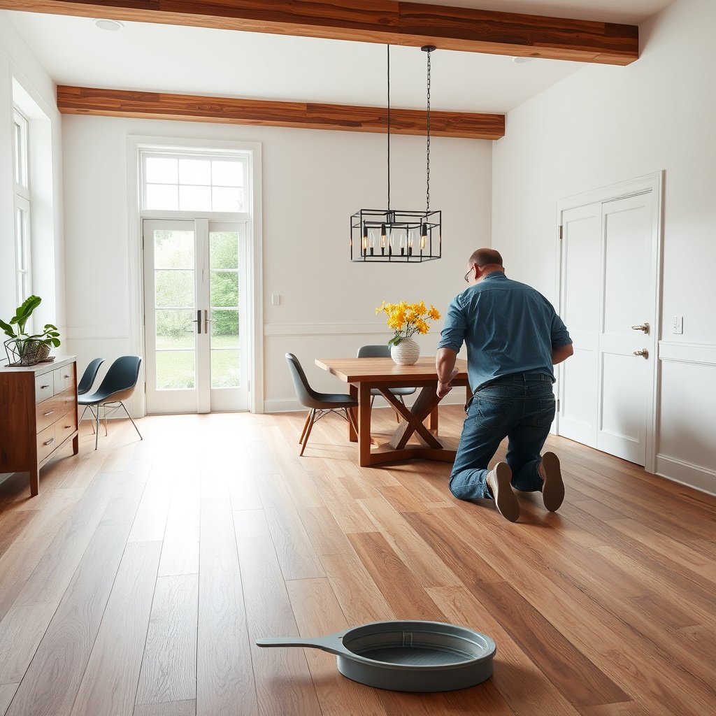 Tools and materials needed for installing laminate floors in a dining room.