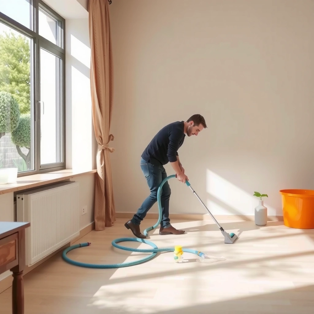 Cleaning and assessing damage on travertine floors while protecting surrounding areas.