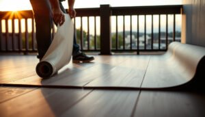 Step-by-step guide on preparing vinyl floors for a balcony setup with tools and materials.