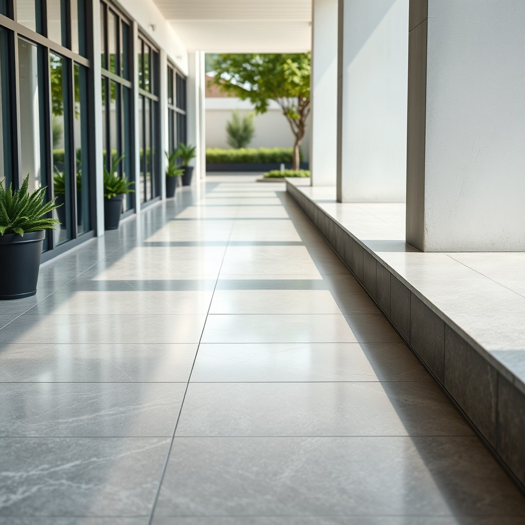 Person clearing grit from outdoor vinyl floor before cleaning process