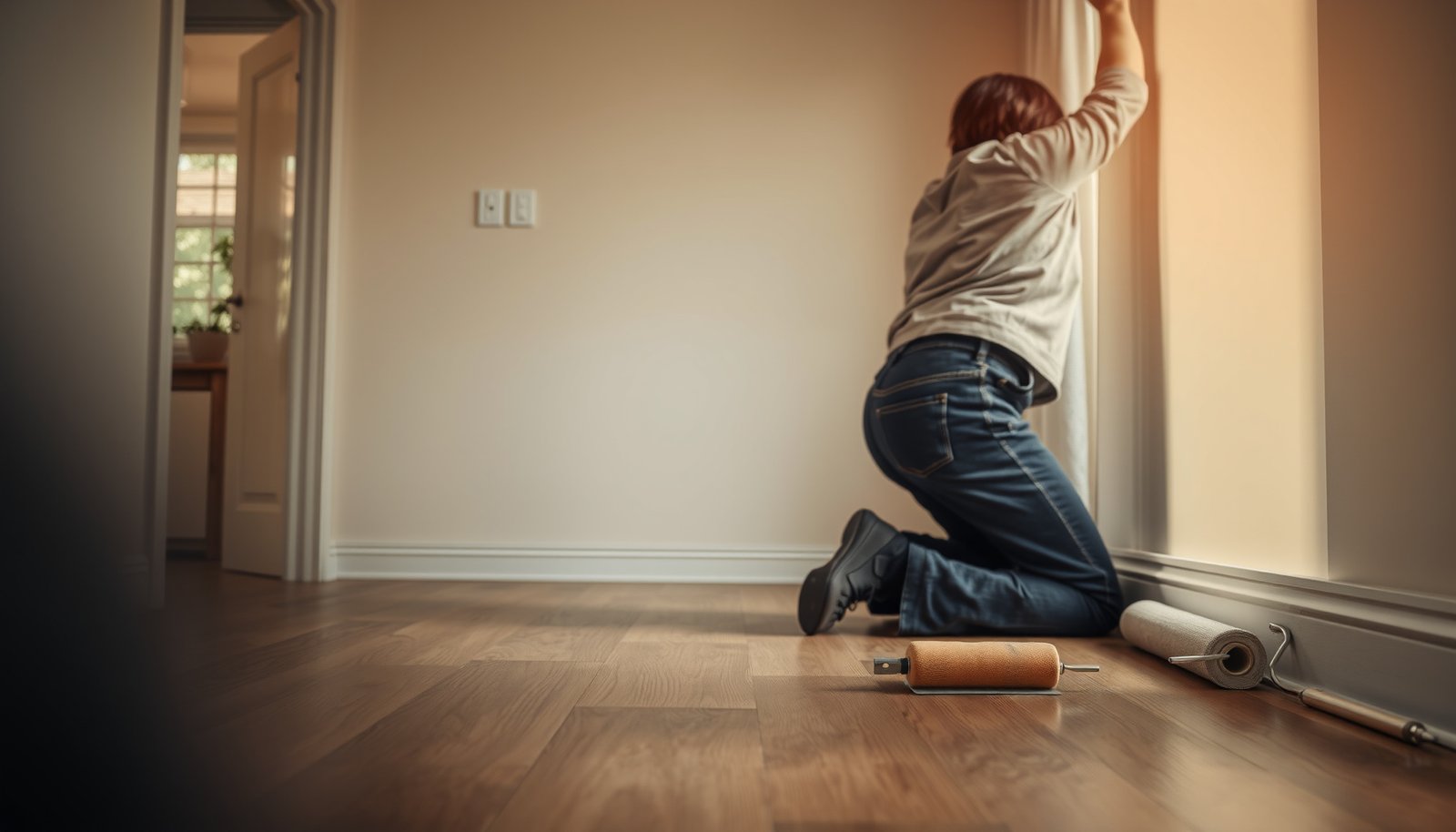 A guide on how to prepare vinyl floors for a dining room setting, showcasing tools and techniques.