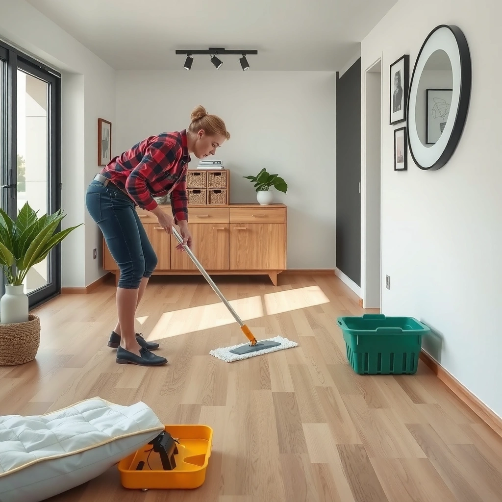 A clean vinyl floor being prepped for mopping to avoid scratches from dry debris