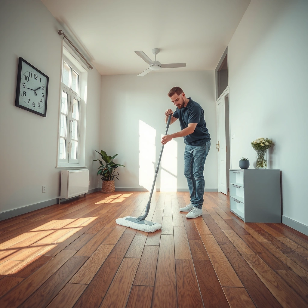 Removing grit and debris from vinyl floors before mopping to prevent streaks and damage.