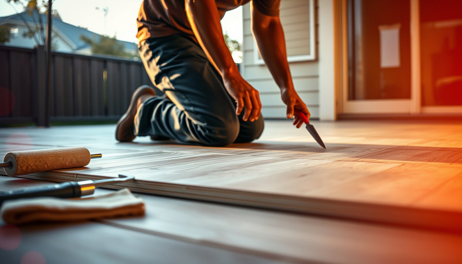 Step-by-step preparation of vinyl floors for a patio installation.