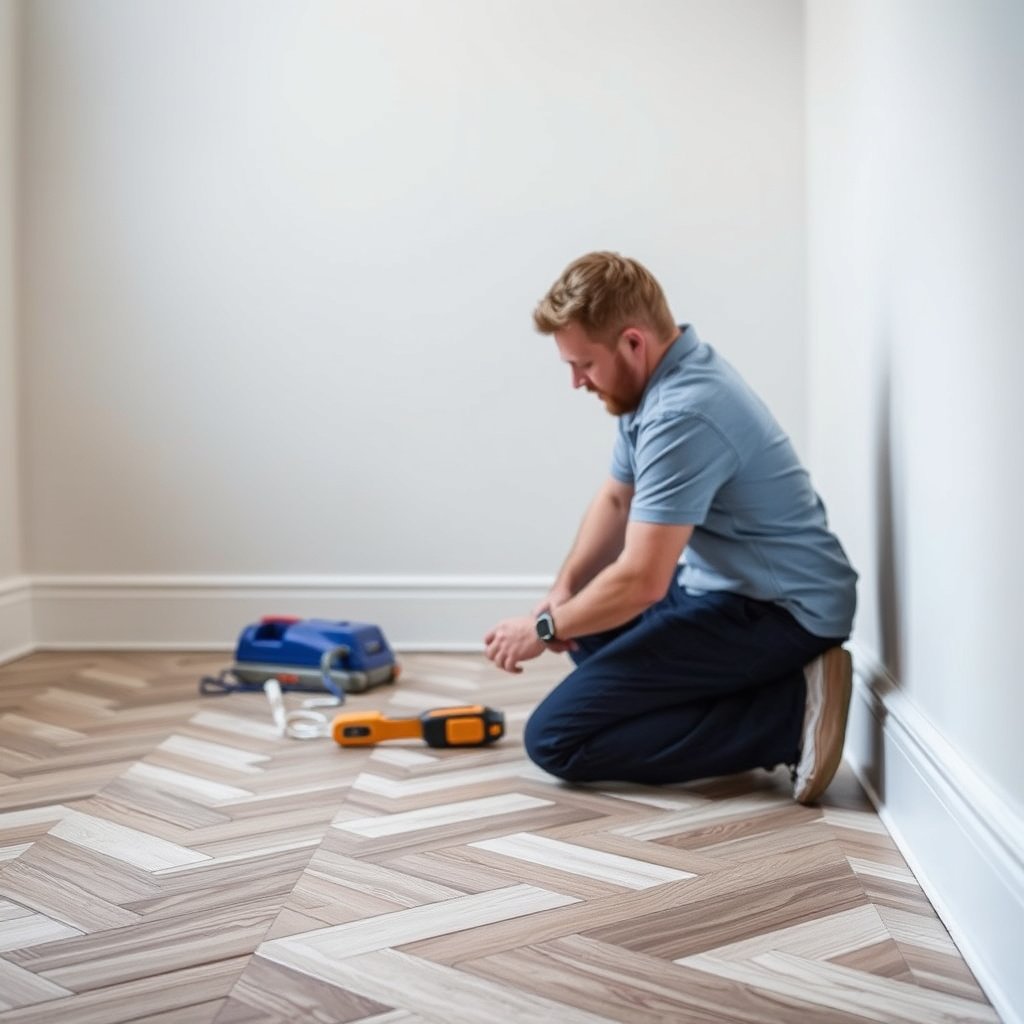 Image showing the preparation of a wall and baseboard surface for installation on chevron floors.