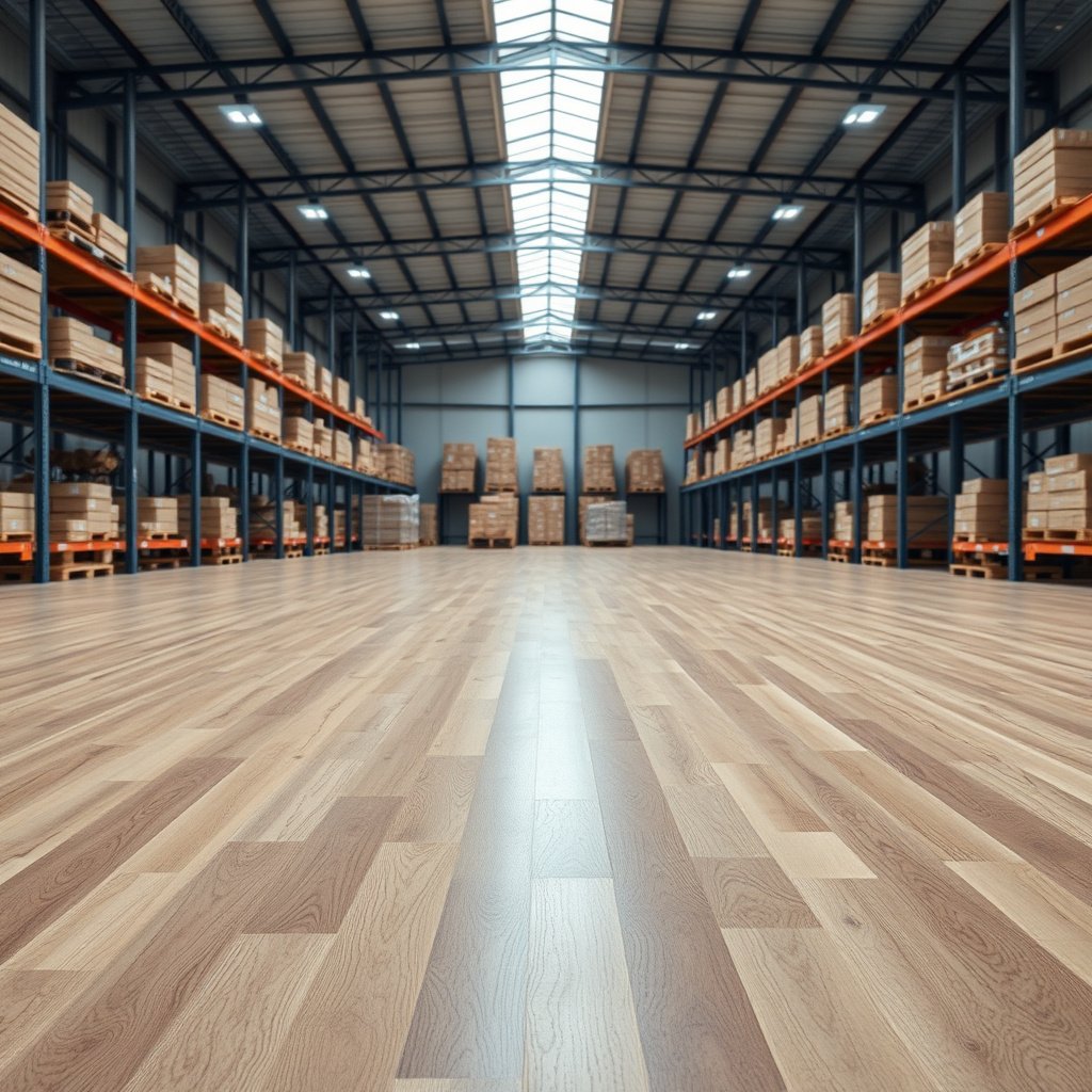 Warehouse setup before cleaning hardwood floors, showing equipment and organization tips.