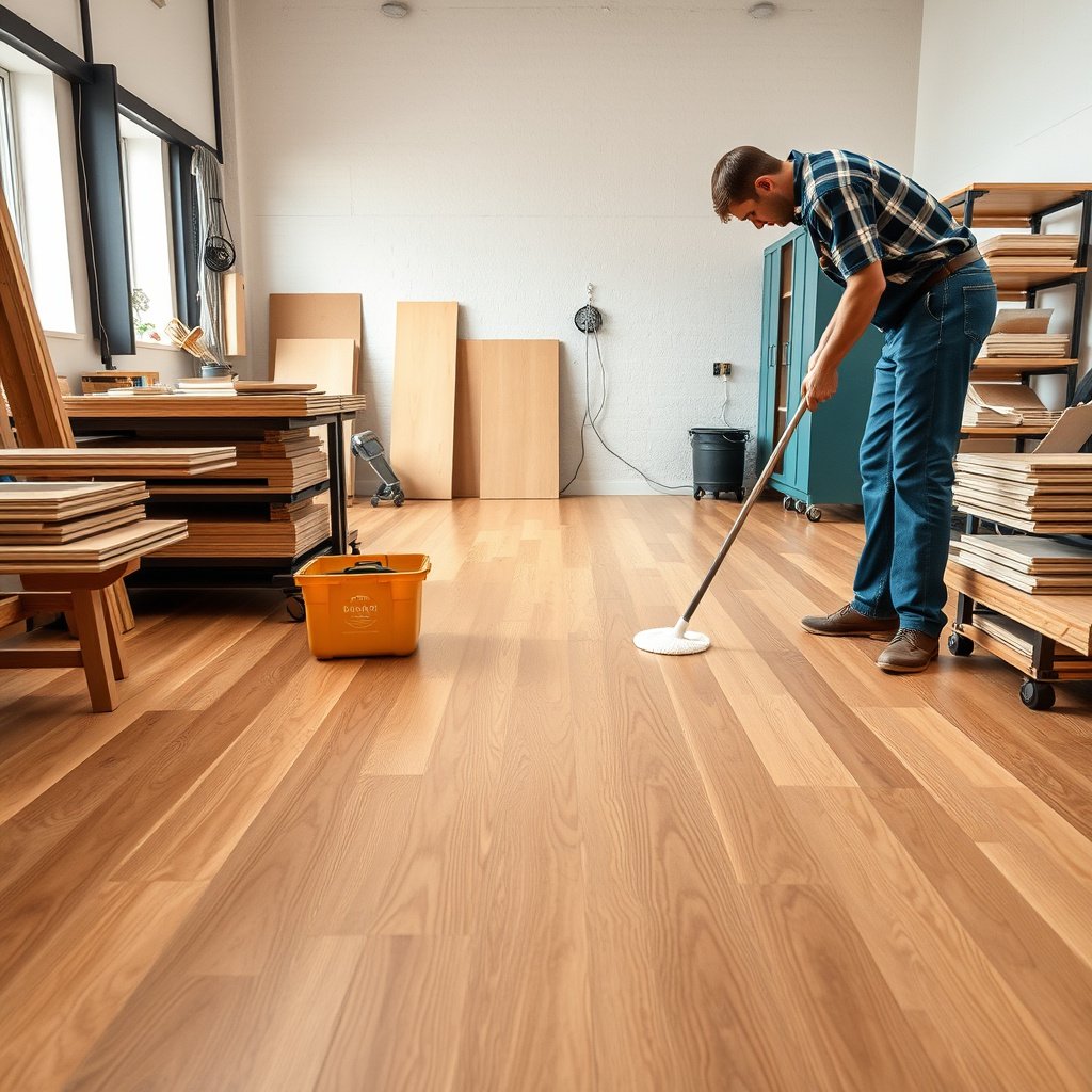 Protecting the finish while cleaning laminate floors in a workshop
