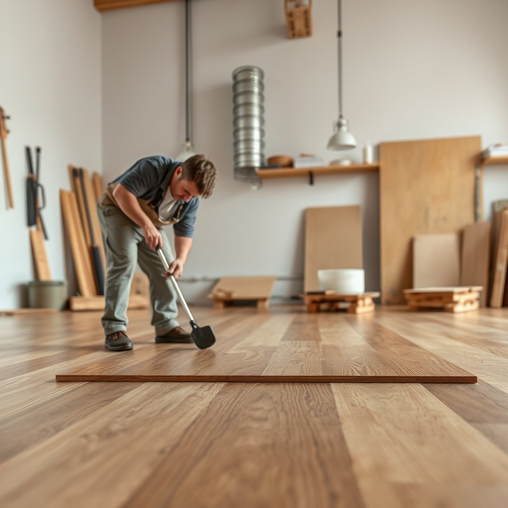 Workshop setup for removing laminate floors, showing protective coverings and organized tools.