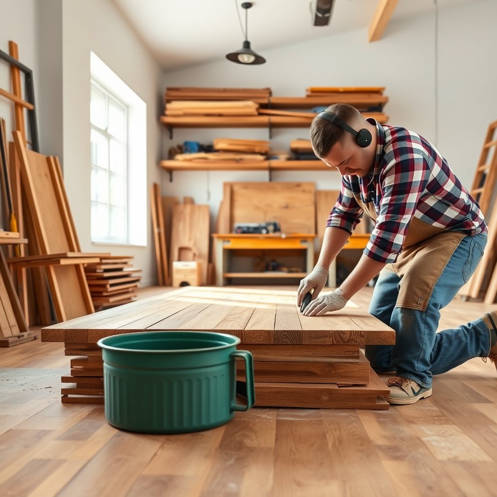 A workshop setup showing tools and layout for removing hardwood floors in a step-by-step demo.