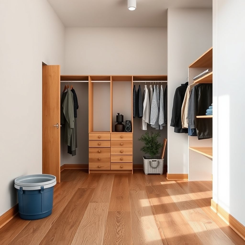 A well-organized closet ready for vinyl floor replacement, showcasing preparation steps.