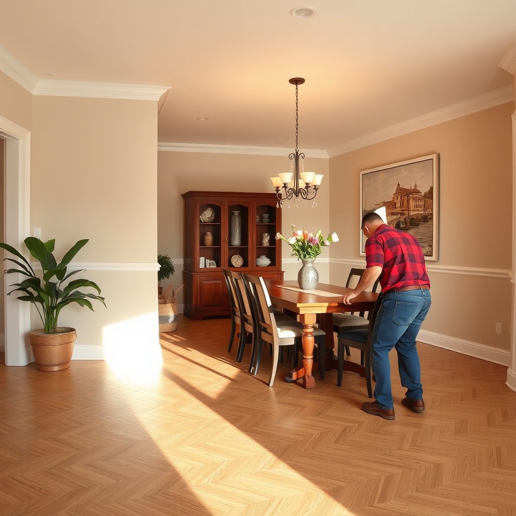 A clean dining room ready for vinyl flooring installation, showcasing furniture removal and surface preparation.