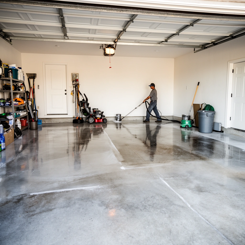 A clean garage floor being prepped for deep cleaning, showcasing the importance of preparation in the process.