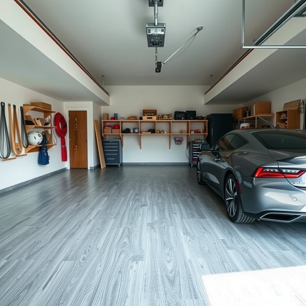 Image showing methods to prevent moisture damage and standing water on laminate floors in a garage.