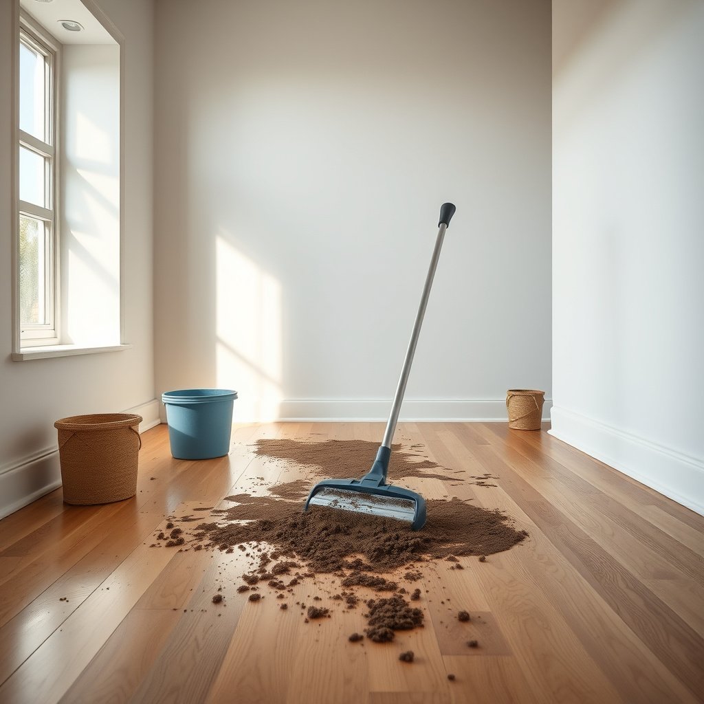A person blocking mud at the entrance to protect hardwood floors from damage.