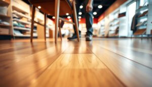 Retail store hardwood floor with protective measures to prevent scratches and damage.