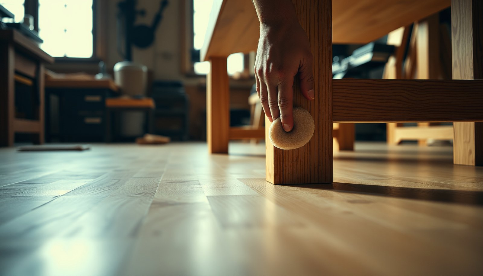Key steps to prevent scratches on hardwood floors in a workshop setting.