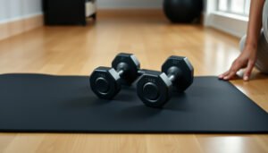 A home gym setup with hardwood floors, showcasing tips to prevent scratches during workouts.