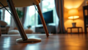 Living room with hardwood floors showing tips to prevent scratches on the surface.