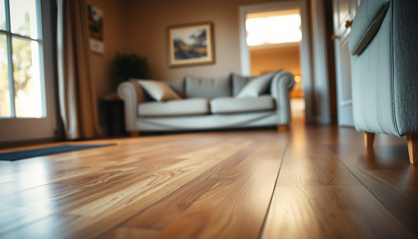 Living room with laminate flooring showing tips to prevent scratches and maintain its appearance.