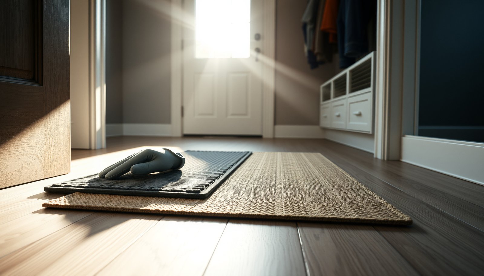 Mudroom with laminate floors showing tips to prevent scratches and maintain durability.