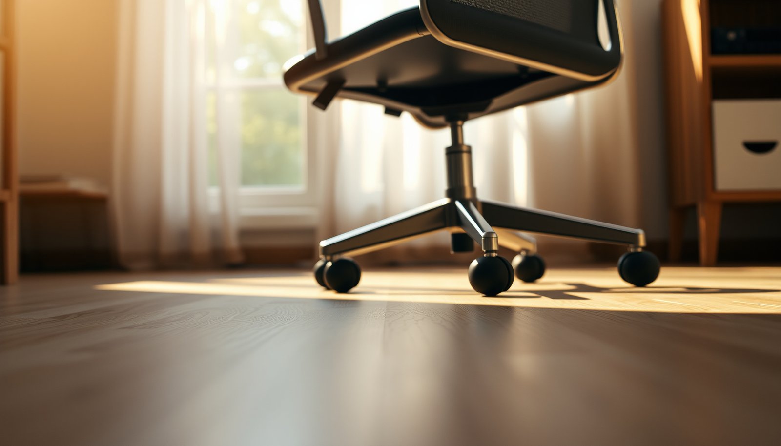 Tips for preventing scratches on laminate floors in a home office setting.