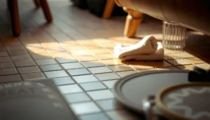 Mosaic tile floor with protective measures to prevent scratches and damage.