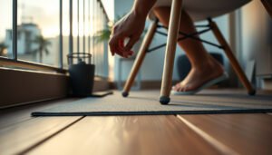 Vinyl floor on a balcony with protective measures to prevent scratches.