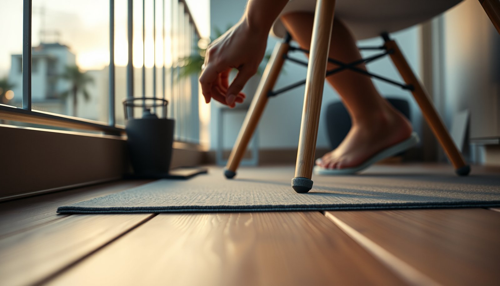Vinyl floor on a balcony with protective measures to prevent scratches.