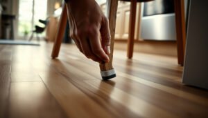 Tips for preventing scratches on vinyl floors in a kitchen setting.