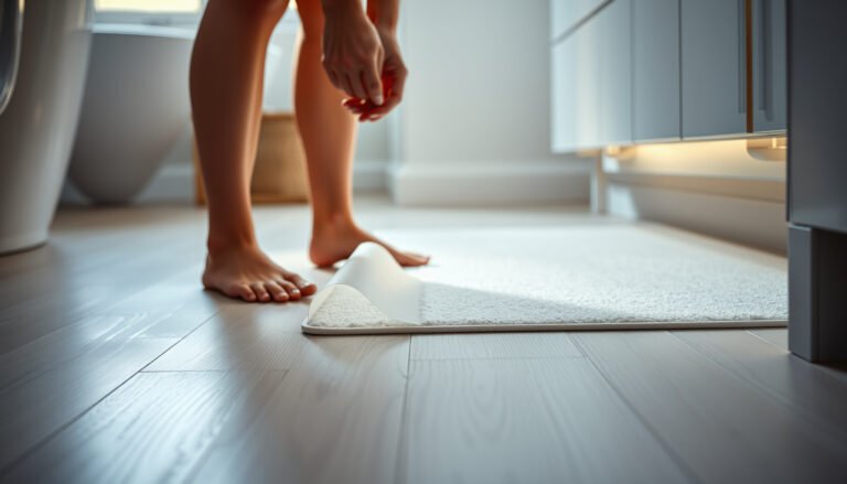 Tips for preventing scratches on vinyl floors in a bathroom setting.