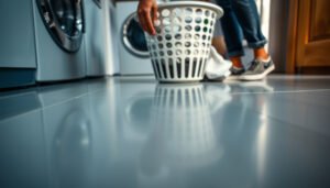 Tips for preventing scratches on vinyl floors in a laundry room setting.