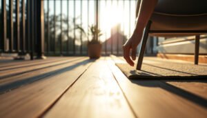 Tips for preventing scratches on engineered wood floors in a balcony setting.
