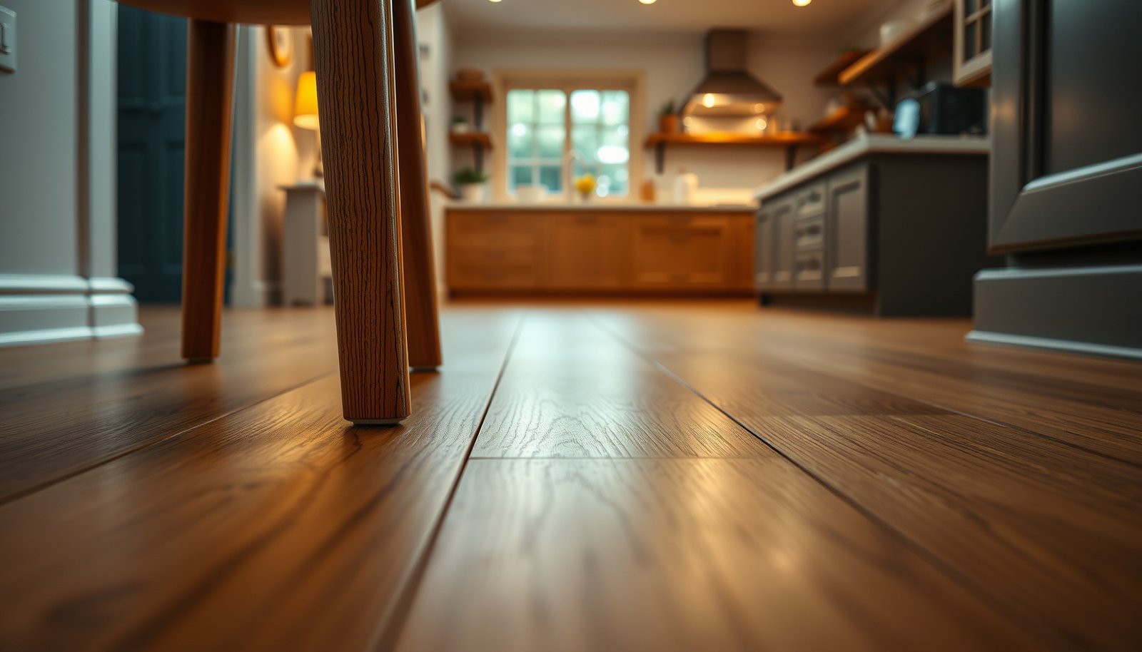 Tips to prevent scratches on engineered wood floors in a kitchen setting.