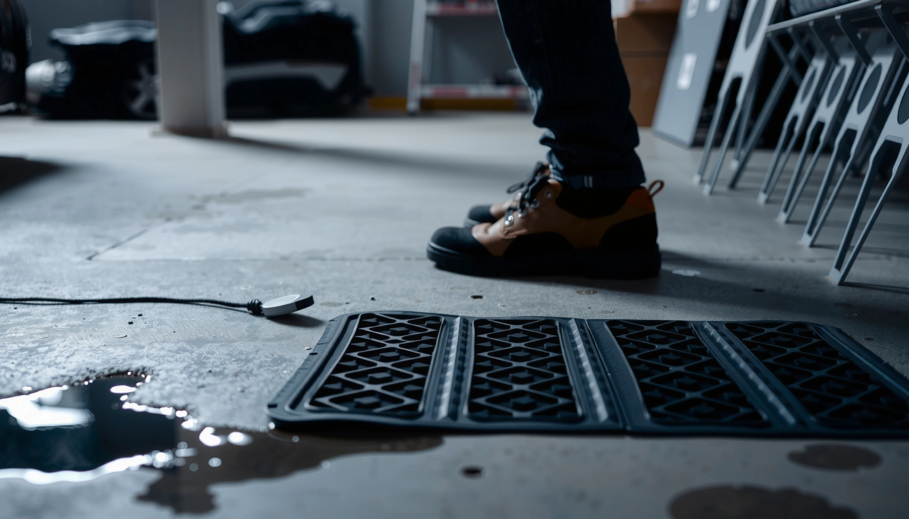 Image illustrating practical fixes to prevent slipping on basement floors, highlighting safety measures.