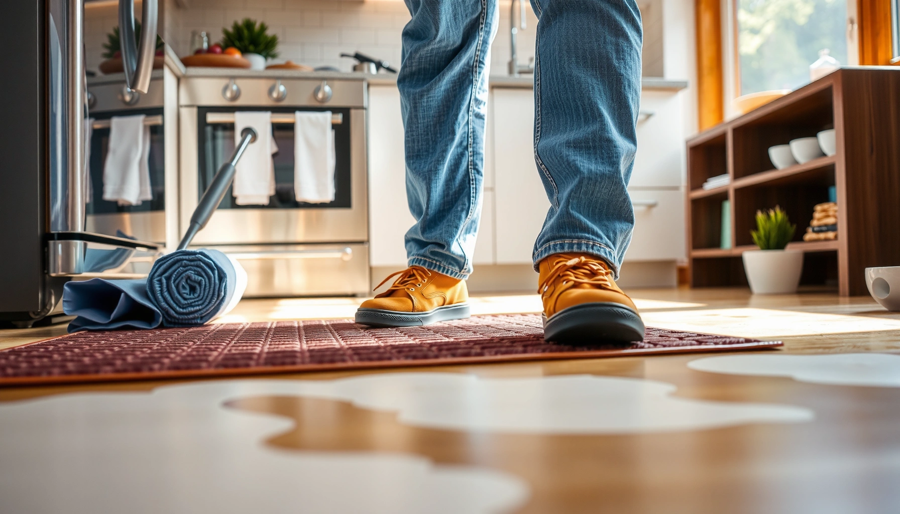 A safe kitchen floor with anti-slip mats to prevent slipping accidents.