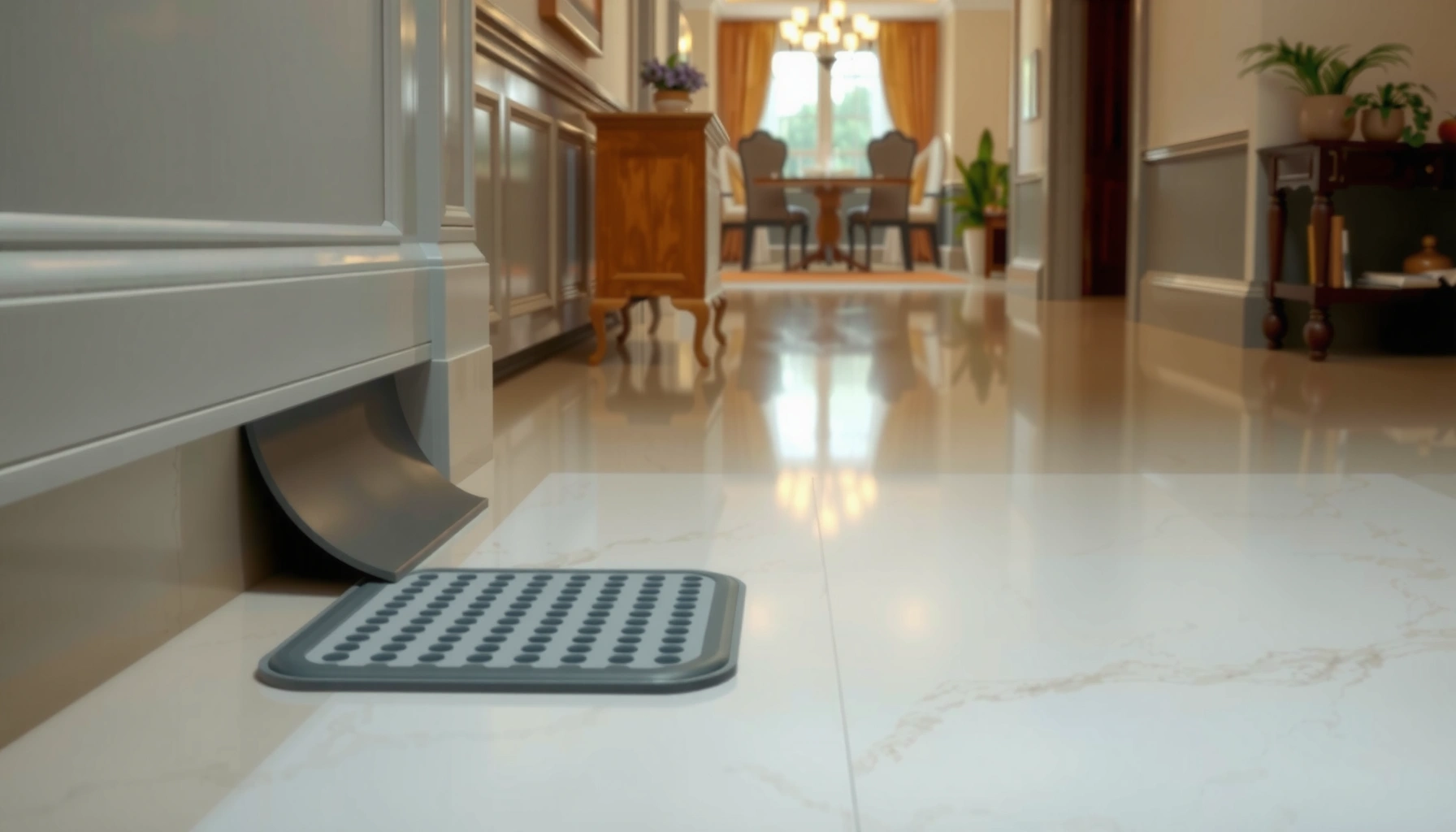 A person demonstrating practical fixes to prevent slipping on marble floors, showcasing safety tips and solutions.