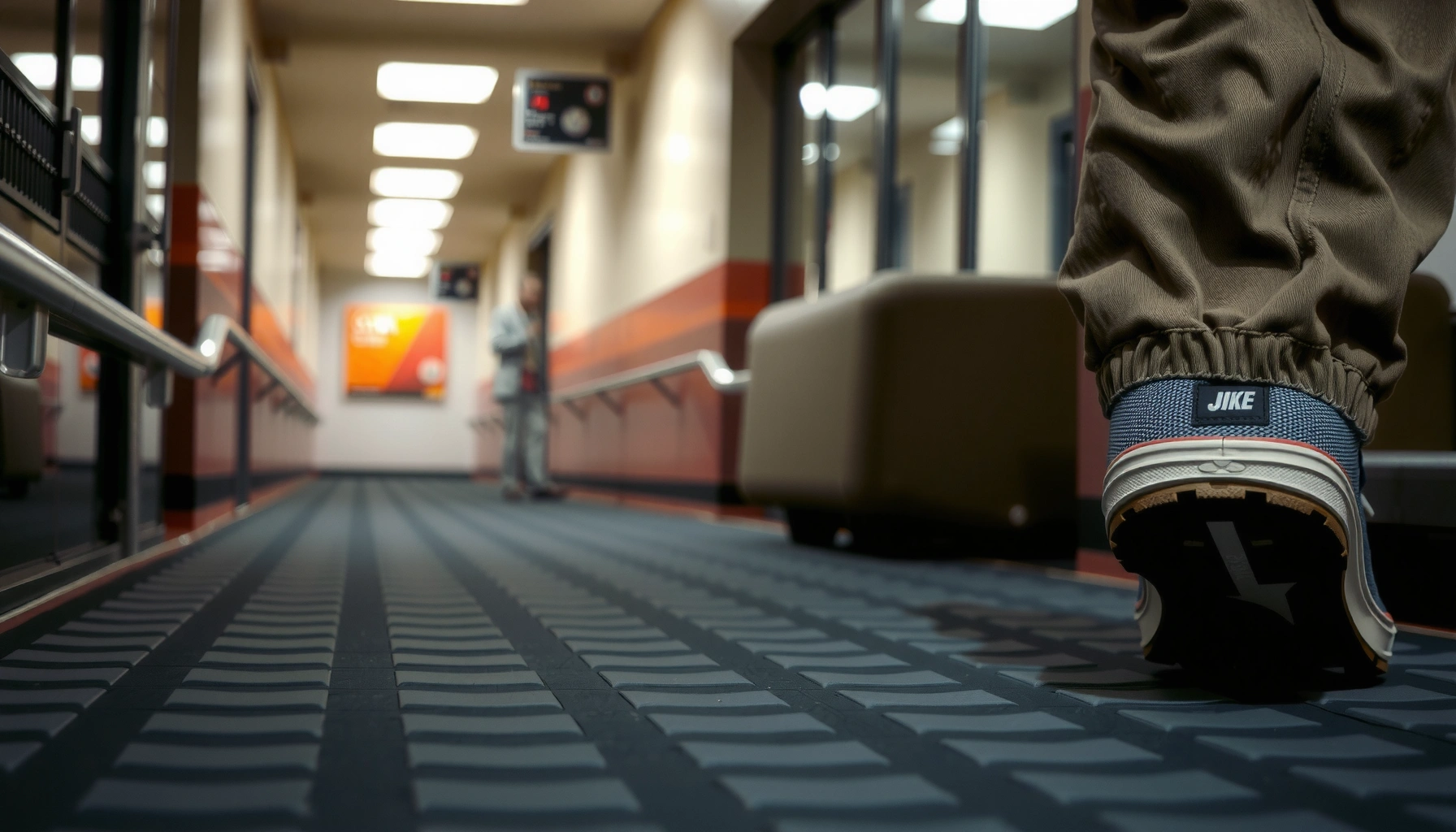 A person demonstrating practical fixes to prevent slipping on rubber floors.