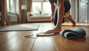 A living room with hardwood floors, showcasing tips to prevent water damage and maintain their beauty.